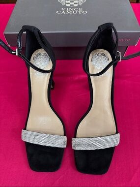 Vince Camuto Black Suede Ankle-Strap Heels with Rhinestone Toe with box (OLCC)